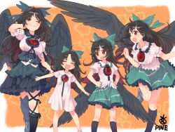 Rule 34 | 4girls, age comparison, aged down, aged up, ahoge, armor, black hair, black socks, black wings, blush, bow, breasts, cape, closed eyes, fang, greaves, hair bow, hands on own hips, highres, kneehighs, large breasts, long hair, looking at viewer, multiple girls, multiple persona, open mouth, orange background, outstretched arms, pine (pine-box), red eyes, reiuji utsuho, short sleeves, skirt, smile, socks, touhou, wings
