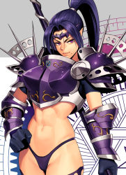 Rule 34 | 1girl, abs, armor, bikini, bikini armor, bikini bottom only, black gloves, blue hair, boobplate, breastplate, closed mouth, forehead protector, gloves, grey background, groin, hexagram, high ponytail, highres, holding, holding weapon, long hair, looking at viewer, mole, mole under mouth, ogami, original, pauldrons, pointy ears, ponytail, purple armor, purple bikini, purple eyes, short sleeves, shoulder armor, sidelocks, smile, solo, spikes, standing, star of david, swimsuit, tsurime, v-shaped eyebrows, v-shaped eyes, vambraces, weapon, white background