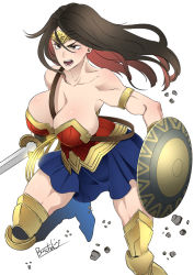 Rule 34 | 1girl, breasts, butcha-u, dc comics, highres, large breasts, shield, solo, sword, weapon, wonder woman