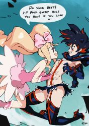 Rule 34 | 2girls, teeth, big hair, black hair, blonde hair, blue eyes, blush stickers, boots, bow, breasts, commentary, dress, drill hair, english commentary, english text, garter straps, hair bow, hairpods, hands on another&#039;s stomach, harime nui, high heel boots, high heels, highres, kill la kill, matoi ryuuko, medium breasts, microskirt, midriff, multicolored hair, multiple girls, optionaltypo, pink dress, profanity, rape face, red hair, revealing clothes, short hair, sideways mouth, skirt, strapless, strapless dress, suspenders, thigh boots, thighhighs, twin drills, twintails, two-tone hair, underboob, yuri