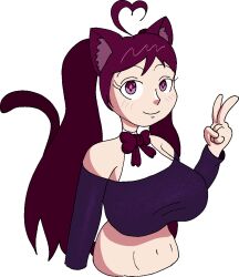 Rule 34 | ahoge, animal ear fluff, animal ears, bare shoulders, bow, bowtie, cat ears, cat tail, cropped arms, cropped shirt, cropped torso, diamond in eye, ed t dragon, heart, heart ahoge, indie virtual youtuber, matching hair/eyes, midriff, navel, off-shoulder shirt, off shoulder, purple bow, purple bowtie, purple top, saralene, shirt, tail, transparent background, twintails, upper body, v, virtual youtuber