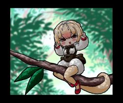 Rule 34 | 10s, 1girl, :d, animal ears, back bow, blonde hair, blurry, blurry background, blush, border, bow, bowtie, branch, brown bow, brown bowtie, brown eyes, commentary request, depth of field, flying sweatdrops, hair ribbon, hairband, hands up, kemono friends, kotobuki (tiny life), leaf, long hair, long sleeves, open mouth, pantyhose, red footwear, ribbon, shoes, short hair, silky anteater (kemono friends), sitting, smile, solo, tail, white ribbon