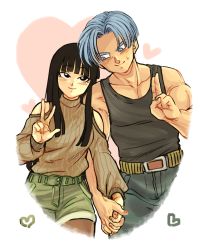 Rule 34 | 1boy, 1girl, alternate costume, bare shoulders, belt, black eyes, black hair, black pantyhose, blue eyes, blue hair, blunt bangs, blush, closed mouth, collarbone, couple, cowboy shot, cropped legs, denim, dragon ball, dragon ball super, dragonball z, eyelashes, facing viewer, fingernails, green shorts, hand up, happy, heart, heart background, height difference, hime cut, holding hands, interlocked fingers, jeans, jewelry, leaning, leaning to the side, looking at another, looking to the side, looking up, mai (dragon ball), mai (future) (dragon ball), muscular, nervous, off-shoulder sweater, off shoulder, pants, pantyhose, pectorals, ribbed sweater, ring, salute, shorts, side-by-side, sidelocks, smile, spacey, straight hair, sweatdrop, sweater, tank top, tareme, transparent background, trunks (dragon ball), trunks (future) (dragon ball), turtleneck, turtleneck sweater, v