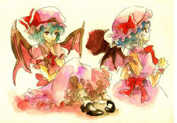 Rule 34 | 1girl, bad id, bad pixiv id, bare back, bat wings, blue hair, dress, female focus, hand to own mouth, hat, mary janes, painting (medium), red eyes, remilia scarlet, ribbon, shinoasa, shoes, short hair, smile, solo, touhou, traditional media, watercolor (medium), wings