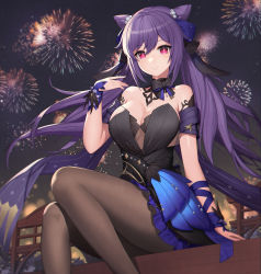 Rule 34 | 1girl, absurdres, bare shoulders, black pantyhose, breasts, cleavage, closed mouth, double bun, dress, feet out of frame, fireworks, genshin impact, hair bun, hair ornament, highres, keqing (genshin impact), large breasts, long hair, looking at viewer, morung, outdoors, pantyhose, purple eyes, purple hair, sitting, smile, solo, two-tone dress