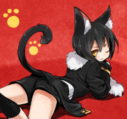 Rule 34 | 1boy, agemono, animal ears, black hair, cat ears, cat tail, coat, fur trim, looking back, lying, on stomach, one eye closed, original, paw print, red background, short hair, shorts, simple background, slit pupils, smile, socks, tail, wink