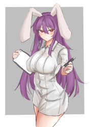Rule 34 | 1girl, absurdres, alternate costume, animal ears, bad arm, blush, border, breasts, clipboard, commentary request, cowboy shot, dress, expressionless, grey background, hair between eyes, hands up, highres, holding, holding pen, kuraki, large breasts, long hair, looking at viewer, nurse, outside border, pen, purple hair, rabbit ears, red eyes, reisen udongein inaba, sidelocks, simple background, solo, standing, touhou, two-tone background, very long hair, white dress, wing collar