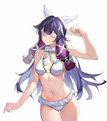 Rule 34 | 1girl, bare arms, bare shoulders, bikini, bow, breasts, closed eyes, collarbone, columbina (genshin impact), commentary request, cowboy shot, frills, genshin impact, gradient hair, groin, hair flaps, hand up, highres, long hair, medium breasts, multicolored hair, purple hair, sidelocks, solo, standing, stomach, swimsuit, thighs, very long hair, white bikini, white bow, yin lan xue