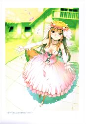 Rule 34 | 1girl, absurdres, animal ear fluff, blurry, blurry background, breasts, brown hair, bustier, cherry blossoms, cleavage, collarbone, detached collar, dress, elbow gloves, floating hair, flower, full body, gloves, hair flower, hair ornament, head wreath, highres, holo, koume keito, layered dress, long hair, medium breasts, official art, pink dress, red flower, scan, sleeveless, sleeveless dress, solo, spice and wolf, standing, strapless, strapless dress, tail, very long hair, wedding dress, white gloves, wolf girl, wolf tail