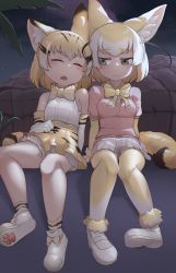 Rule 34 | 2girls, absurdres, animal ears, black sky, blonde hair, bob cut, bow, bowtie, brown eyes, cat ears, cat tail, chis (js60216), closed eyes, closed mouth, elbow gloves, fennec (kemono friends), fox ears, fox tail, gloves, half-closed eyes, high-waist skirt, highres, kemono friends, leaning on person, light smile, looking at another, mary janes, miniskirt, multiple girls, night, night sky, open mouth, outdoors, pantyhose, paw print shoes, paw print soles, paw shoes, pink sweater, pleated skirt, print gloves, print skirt, sand cat (kemono friends), sand cat print, shirt, shoes, short hair, short sleeves, side-by-side, sitting, skirt, sky, sleeping, sleeveless, sleeveless shirt, socks, star (sky), starry sky, sweater, tail, v-neck, white footwear, white gloves, white shirt, white skirt, yellow gloves, yellow legwear, yellow neckwear, yellow skirt