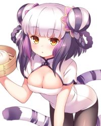 Rule 34 | 1girl, bent over, black hair, blush, breasts, cleavage, double bun, hair rings, haku (p&amp;d), multicolored hair, pantyhose, parted lips, purple hair, puzzle &amp; dragons, shouni (sato3), silver hair, simple background, solo, tail, thigh gap, two-tone hair, white background