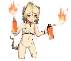 Rule 34 | 1girl, arknights, bandages, bikini, blonde hair, blush, chest sarashi, choker, collarbone, cropped legs, fire, grin, hair between eyes, horns, ifrit (arknights), ifrit (sunburn) (arknights), kamihine, looking at viewer, material growth, navel, official alternate costume, orange choker, orange eyes, oripathy lesion (arknights), sarashi, short hair, simple background, smile, solo, standing, stomach, swimsuit, tail, white background, white bikini