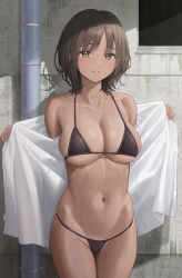 Rule 34 | 1girl, bare shoulders, bikini, black bikini, breasts, brown hair, cleavage, commentary request, cowboy shot, dark-skinned female, dark skin, green eyes, groin, highres, large breasts, legs together, looking at viewer, navel, open clothes, open shirt, original, parted bangs, parted lips, shadow, shirt, short hair, sidelocks, skindentation, solo, stomach, string bikini, swimsuit, taniguchi daisuke (surumenium), thighs, undressing, wall, white shirt, window