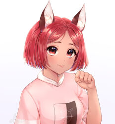 Rule 34 | 1girl, :p, animal ear fluff, animal ears, artist name, closed mouth, collar, collared shirt, commentary, commission, dark-skinned female, dark skin, eloru, english commentary, eyelashes, fox ears, fox girl, looking at viewer, original, paw pose, pink shirt, pink sleeves, red eyes, red hair, shirt, short hair, short sleeves, simple background, smile, solo, t-shirt, tongue, tongue out, upper body, white background, white collar
