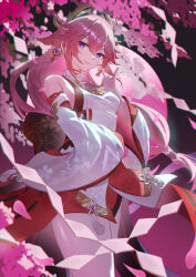 Rule 34 | 1girl, animal ears, bare legs, breasts, cherry blossoms, commentary request, cowboy shot, detached sleeves, earrings, floral print, fox ears, fox shadow puppet, genshin impact, hair ornament, hand up, highres, jewelry, long hair, naeeeegi, nontraditional miko, pink hair, purple eyes, red skirt, skirt, small breasts, solo, standing, thighs, very long hair, yae miko