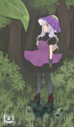 Rule 34 | 1girl, bags under eyes, black footwear, black gloves, character request, dress, fishnet pantyhose, fishnets, forest, frown, gloves, grass, grey hair, hair over one eye, hat, high heels, highres, kotone0220, leaf, livly island, long hair, mushroom girl, nature, outdoors, pantyhose, pinafore dress, purple dress, purple eyes, purple hat, sleeveless, sleeveless dress, solo
