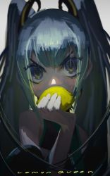 Rule 34 | 1girl, absurdres, black sleeves, blue eyes, commentary, detached sleeves, english commentary, english text, food, fruit, green hair, hatsune miku, highres, holding, holding food, holding fruit, lemon, long hair, looking at viewer, reflection, solo, topdylan, very long hair, vocaloid
