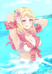 1girl absurdres birthday blonde_hair breasts cleavage highres long_hair looking_at_viewer love_live! love_live!_superstar!! multicolored_hair onitsuka_natsumi oshiruko_kizoku smile solo swimsuit two-tone_hair