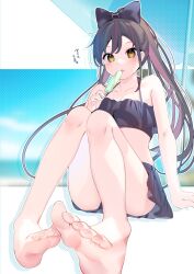 Rule 34 | 1girl, bare arms, bare legs, bare shoulders, barefoot, bikini, black bikini, black bow, black hair, blush, bow, breasts, brown eyes, chikuwa., cleavage, collarbone, commentary request, feet, food, foot focus, foreshortening, hair bow, highres, holding, holding food, ice cream, knees up, licking, long hair, medium breasts, multicolored hair, original, pink hair, ponytail, soles, solo, streaked hair, swimsuit, toenails, toes, tongue, tongue out, translation request, very long hair