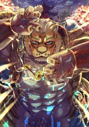 Rule 34 | 1boy, abs, ahamma, animal ears, bara, bare pectorals, beige fur, blue eyes, fighting stance, fingernails, furry, furry male, highres, jewelry, light brown hair, lin hu (nekojishi), looking at viewer, male focus, male pubic hair, mature male, muscular, muscular male, navel, necklace, nekojishi, nipples, orange fur, out-of-frame censoring, pants, pectorals, pubic hair, pubic hair peek, serious, sharp fingernails, short hair, solo, stomach, tearing clothes, tiger boy, tiger ears, tiger stripes, torn clothes, torn pants