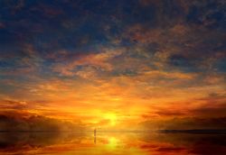 Rule 34 | 1other, ambiguous gender, blue sky, cloud, cloudy sky, commentary request, highres, horizon, mks, multicolored sky, orange sky, original, reflection, scenery, silhouette, sky, solo, standing, sunset