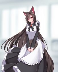 Rule 34 | 1girl, animal ear fluff, animal ears, apron, black hair, blurry, blurry background, breasts, closed mouth, commentary request, hashi2387, highres, holding, holding tray, imaizumi kagerou, indoors, large breasts, long hair, long sleeves, looking at viewer, maid, red eyes, smile, solo, touhou, tray, white apron, wolf ears, wolf girl