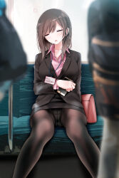 Rule 34 | 1girl, bag, black suit, blush, brown hair, brown pantyhose, cellphone, closed eyes, collared shirt, commentary request, formal, highres, holding, holding phone, lanyard, long hair, long sleeves, office lady, oouso, open mouth, original, panties, panties under pantyhose, pantyhose, phone, pink shirt, shirt, sitting, sleeping, smartphone, solo focus, suit, translation request, underwear