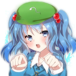 Rule 34 | 1girl, blue hair, blush, female focus, hair bobbles, hair ornament, hat, kawashiro nitori, open mouth, paw pose, portrait, solo, takeshima eku, touhou, twintails, two side up, upper body