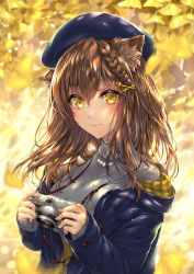 Rule 34 | 1girl, absurdres, animal ear fluff, animal ears, autumn, beret, braid, brown hair, camera, cat ears, closed mouth, coat, commentary request, eyes visible through hair, ginkgo leaf, hair ornament, hairclip, hat, highres, holding, holding camera, jewelry, leaf, long sleeves, looking at viewer, medium hair, necklace, open clothes, open coat, original, pearl necklace, routo (rot 0), smile, solo, sweater, turtleneck, turtleneck sweater, yellow eyes