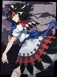 Rule 34 | 1girl, black dress, black hair, blue bow, bow, bowtie, capelet, chinese commentary, cloud, commentary request, cowboy shot, dress, from side, hand on own arm, highres, horns, jeffree07, kijin seija, multicolored clothes, multicolored dress, multicolored hair, pointy ears, red capelet, red dress, red eyes, red hair, see-through, shining needle castle, shirt, short hair, sleeves rolled up, smile, solo, streaked hair, touhou, waist bow, white dress, white hair, white shirt