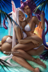 Rule 34 | 2020, 2girls, animal ears, anklet, artist name, ass, barefoot, beach, bleach, blue sky, boku no hero academia, breasts, cat ears, cat tail, cleavage, cloud, crossover, curvy, dark-skinned female, dark skin, feet, female focus, huge ass, jewelry, large breasts, looking at viewer, mirko, multiple girls, ocean, olchas, patreon username, ponytail, purple hair, rabbit ears, rabbit tail, red eyes, shihouin yoruichi, signature, skindentation, sky, smile, tail, toes, trait connection, water, watermark, white hair, yellow eyes