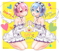 Rule 34 | 10s, 2girls, :d, bare shoulders, blue eyes, blue hair, blush, border, breasts, character name, cleavage, closed mouth, collarbone, criss-cross halter, detached sleeves, detached wings, dotted line, dress, english text, eyelashes, flower, frilled dress, frills, hair between eyes, hair ornament, hair ribbon, hairband, halterneck, happy birthday, heart, heart hands, heart hands duo, juna, looking at viewer, matching outfits, medium breasts, multiple girls, open mouth, outline, palms, pink eyes, pink hair, purple flower, purple ribbon, purple rose, ram (re:zero), re:zero kara hajimeru isekai seikatsu, red eyes, rem (re:zero), ribbon, rose, seiza, short hair, siblings, sisters, sitting, skindentation, smile, sparkle, symmetrical pose, twins, twitter username, white border, white dress, white flower, white legwear, white rose, white wings, wings, x hair ornament, yellow background
