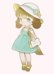Rule 34 | :3, @ @, animal ears, ayu (mog), bad id, bad twitter id, bag, blue dress, blue eyes, blush, dog ears, dog tail, dress, flower, full body, furry, grey background, hand up, hat, hat flower, looking at viewer, original, sandals, short dress, shoulder bag, simple background, standing, sun hat, tail, white headwear