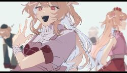 Rule 34 | apron, arms behind back, bandaged wrist, bandages, blurry, blurry background, closed mouth, commentary, crown, depth of field, hashtag-only commentary, highres, hirako daishougun, long hair, looking at viewer, mini crown, multiple views, natori sana, open mouth, pink apron, pink shirt, puffy short sleeves, puffy sleeves, red eyes, sana channel, shirt, short sleeves, sleeveless, sleeveless shirt, teeth, two side up, upper teeth only, virtual youtuber