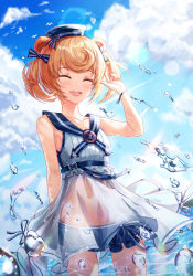 Rule 34 | 1girl, :d, ^ ^, absurdres, animal ears, arknights, bare arms, bare shoulders, bear ears, blonde hair, blue sky, blush, closed eyes, cloud, collarbone, commentary, cowboy shot, day, dress, facing viewer, fall (aki), gummy (arknights), gummy (summer flowers) (arknights), hand up, hat, highres, official alternate costume, open mouth, outdoors, short hair, sky, sleeveless, sleeveless dress, smile, solo, standing, water drop