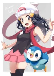 Rule 34 | 1girl, :d, beanie, black hair, black shirt, black thighhighs, blush, bracelet, commentary request, creatures (company), dawn (pokemon), eyelashes, floating scarf, game freak, gen 4 pokemon, grey eyes, hair ornament, hairclip, hat, highres, jewelry, long hair, looking at viewer, nintendo, open mouth, pink skirt, piplup, pokemon, pokemon (creature), pokemon dppt, poketch, ranemu, red scarf, scarf, shirt, sidelocks, skirt, sleeveless, sleeveless shirt, smile, teeth, thighhighs, tongue, upper teeth only, watch, white headwear, wristwatch