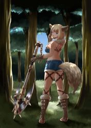 Rule 34 | 1girl, animal ears, back, bad id, bad pixiv id, bare shoulders, blonde hair, blue eyes, blush, boots, breasts, brown footwear, closed mouth, denim, denim shorts, full body, haido (ryuuno kanzume), highres, holding, holding weapon, knee boots, large breasts, looking at viewer, looking back, original, short hair, shorts, sideboob, smile, solo, standing, tongue, tongue out, tree, weapon