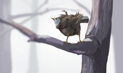 Rule 34 | beak, bird, blurry, blurry background, commentary request, creatures (company), day, fog, from behind, game freak, gen 4 pokemon, highres, nintendo, no humans, outdoors, pokemon, pokemon (creature), solo, standing, starly, tree, yunimaru