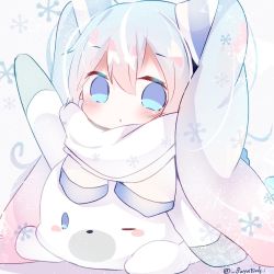 Rule 34 | 1girl, blue eyes, blue hair, blush, blush stickers, chibi, commentary, expressionless, fuyuzuki gato, hair ornament, hatsune miku, highres, light blue hair, long hair, on head, one eye closed, parted lips, rabbit yukine, sleeves past fingers, sleeves past wrists, snowflakes, twintails, twitter username, very long hair, vocaloid, white background, white sleeves, yuki miku