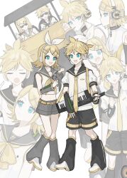 Rule 34 | 0211nami, 1boy, 1girl, black shorts, blonde hair, blue eyes, bow, bowtie, driving, full body, highres, holding, holding microphone, instrument, kagamine len, kagamine rin, medium hair, microphone, motor vehicle, music, necktie, playing instrument, short hair, shorts, steering wheel, synthesizer, vocaloid, white footwear, yellow bow, yellow bowtie, yellow necktie