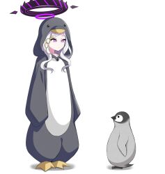 Rule 34 | 1girl, 1other, alternate costume, animal costume, bird, blue archive, collarbone, commentary request, forehead, full body, hair ornament, hairclip, halo, height difference, highres, hina (blue archive), karikura (atatata71), long hair, long sleeves, parted bangs, penguin, penguin costume, purple eyes, sidelocks, simple background, size difference, sleeves past fingers, sleeves past wrists, standing, wavy hair, white background, white hair