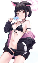 Rule 34 | 1girl, :o, absurdres, animal ears, arm strap, armpit crease, bare shoulders, bikini, black bikini, black choker, black hair, black jacket, blue archive, blush, bob cut, breasts, cat ears, choker, colored inner hair, cowboy shot, criss-cross halter, dripping, dutch angle, food, front-tie bikini top, front-tie top, hair ornament, hairclip, halo, halterneck, hand up, highres, holding, holding food, jacket, kazusa (blue archive), looking at viewer, medium breasts, multi-strapped bikini, multicolored hair, navel, off shoulder, open clothes, open jacket, parted lips, pink hair, popsicle, rama (yu-light8), red eyes, revision, short hair, sidelocks, simple background, stomach, string bikini, swimsuit, thighs, unzipped, white background