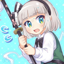 Rule 34 | 1girl, black bow, black bowtie, black hairband, blue background, blue eyes, blunt bangs, blush, bow, bowtie, commentary, flying sweatdrops, ghost, grey hair, hairband, highres, konpaku youmu, konpaku youmu (ghost), long sleeves, looking at viewer, open mouth, short hair, simple background, solo, suguharu86, sweat, symbol-only commentary, touhou, upper body