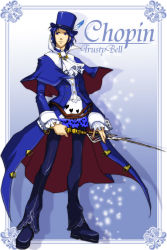 Rule 34 | 1boy, bad id, bad pixiv id, blue eyes, blue hair, character name, coat, copyright name, formal, frederic chopin (trusty bell), full body, hat, hige (artist), hige (yosemite), male focus, matching hair/eyes, solo, sword, top hat, trusty bell, weapon