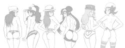 Rule 34 | 6+girls, absurdres, ass, breasts, creatures (company), female focus, game freak, hat, heart, heart cutout, highres, monochrome, multiple girls, nintendo, nipples, panties, pokemon, reptileye, thong, topless, underwear, white background
