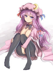 Rule 34 | 1girl, black bow, blue bow, blush, bow, bowtie, breasts, capelet, cleavage, crescent, crescent hat ornament, dress, expressionless, full body, hair between eyes, hair bow, hat, hat bow, hat ornament, highres, knees to chest, large breasts, legs, long hair, looking at another, looking at viewer, mob cap, namiki (remiter00), no shoes, pantyhose, patchouli knowledge, purple eyes, purple hair, red bow, ribbon, simple background, sitting, solo, striped, thighband pantyhose, touhou, very long hair