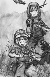 Rule 34 | 1st cavalry division, 2girls, absurdres, aircraft, army, assault rifle, blood, blood on face, dirty, dirty clothes, dirty face, dirty hands, eyann 2003, gun, handgun, hat, helicopter, highres, injury, inoue takina, jacket, lycoris recoil, m16, m16a1, m1911, md5 mismatch, military, military hat, military jacket, military uniform, multiple girls, nishikigi chisato, resolution mismatch, rifle, self-upload, source smaller, uniform, united states army, vietnam war, weapon
