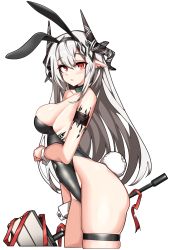 Rule 34 | 1girl, absurdres, animal ears, arknights, bare shoulders, black hairband, black leotard, breasts, collar, covered navel, earrings, fake animal ears, fake tail, godgamesc2, grey hair, hair ornament, hairband, hammer, highleg, highleg leotard, highres, holding, holding hammer, horns, infection monitor (arknights), jewelry, large breasts, leotard, long hair, looking at viewer, material growth, mudrock (arknights), oripathy lesion (arknights), parted lips, playboy bunny, pointy ears, rabbit ears, rabbit tail, red eyes, sideboob, simple background, skindentation, solo, strapless, strapless leotard, tail, thigh strap, very long hair, white background