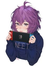 Rule 34 | 1girl, ahoge, artist name, bernadetta von varley, commentary, contemporary, english commentary, fire emblem, fire emblem: three houses, grey eyes, handheld game console, highres, holding, holding handheld game console, hood, hoodie, lavelis, nintendo, nintendo switch, purple hair, short hair, simple background, solo, upper body, white background
