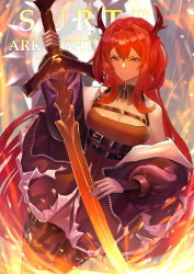 Rule 34 | &gt;:), 1girl, absurdres, arknights, bare shoulders, bielin, breasts, character name, cleavage, commentary, copyright name, cowboy shot, demon girl, hair between eyes, highres, holding, holding sword, holding weapon, horns, long hair, long sleeves, looking at viewer, medium breasts, off shoulder, purple eyes, red hair, smile, solo, surtr (arknights), sword, v-shaped eyebrows, very long hair, weapon
